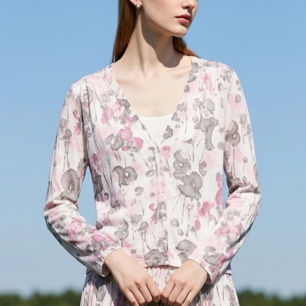 J.Jill Silk Cotton Cashmere Floral Cardigan Sweater Womens Medium Quiet Luxury